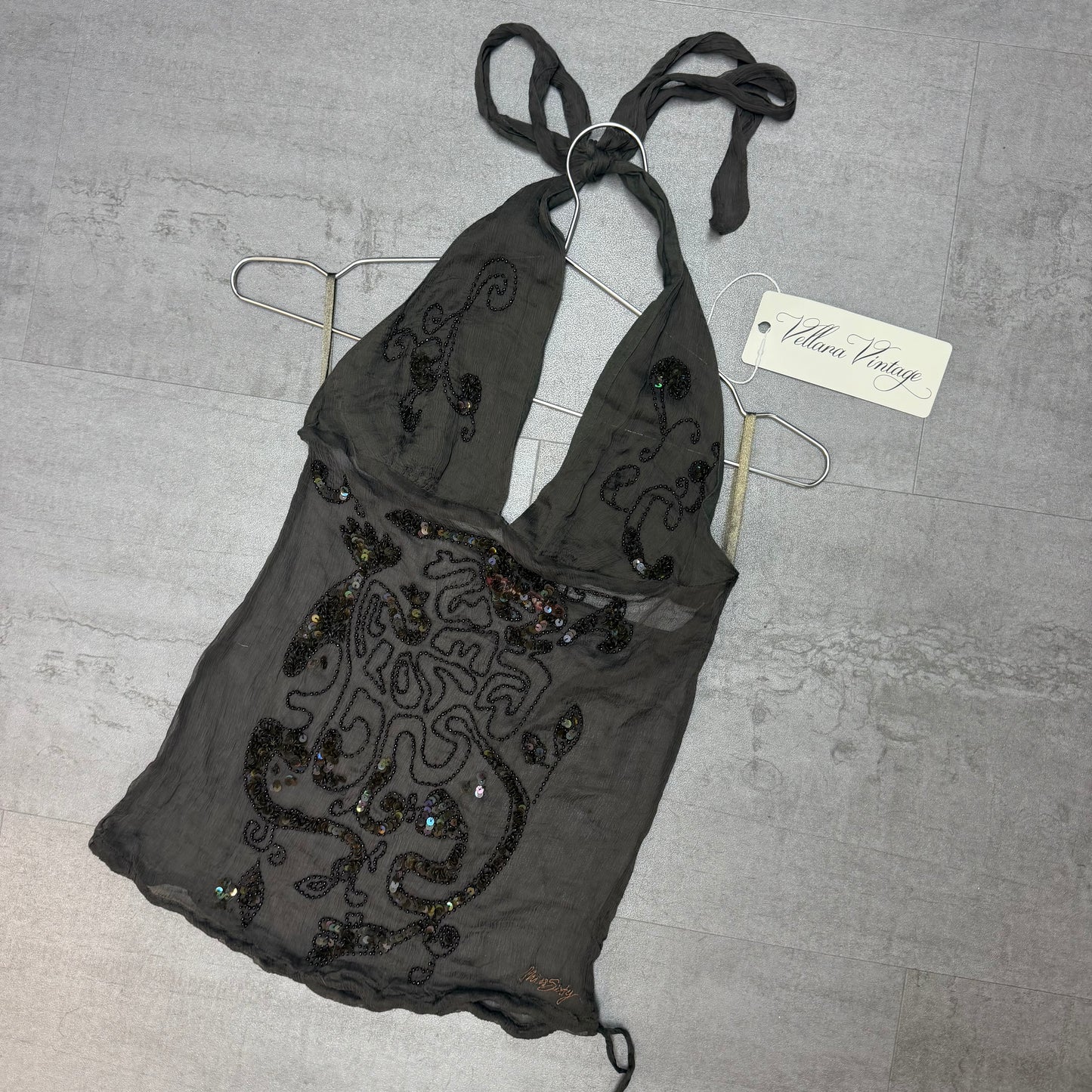 Miss Sixty Brown Silk Beaded Halter Top
