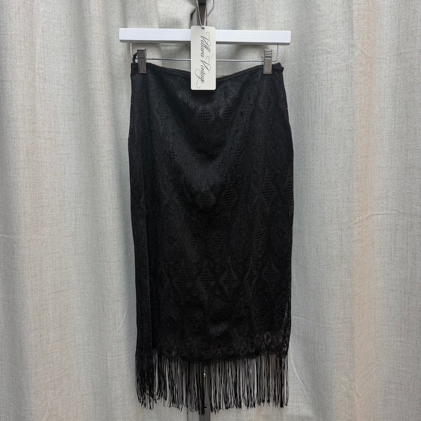 Jacqueline Riu Black Lace Fringe Midi Skirt