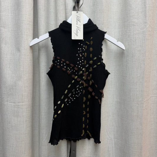 Black Knit Mockneck Top with Rhinestones