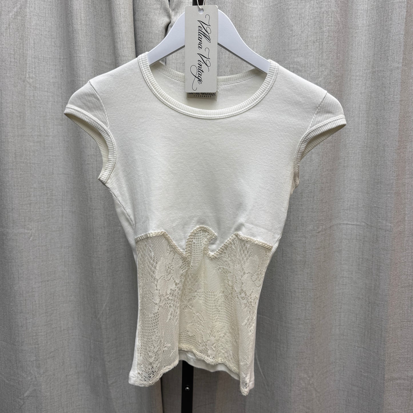 Emporio Armani White Lace Ribbed Knit Short Sleeve Top