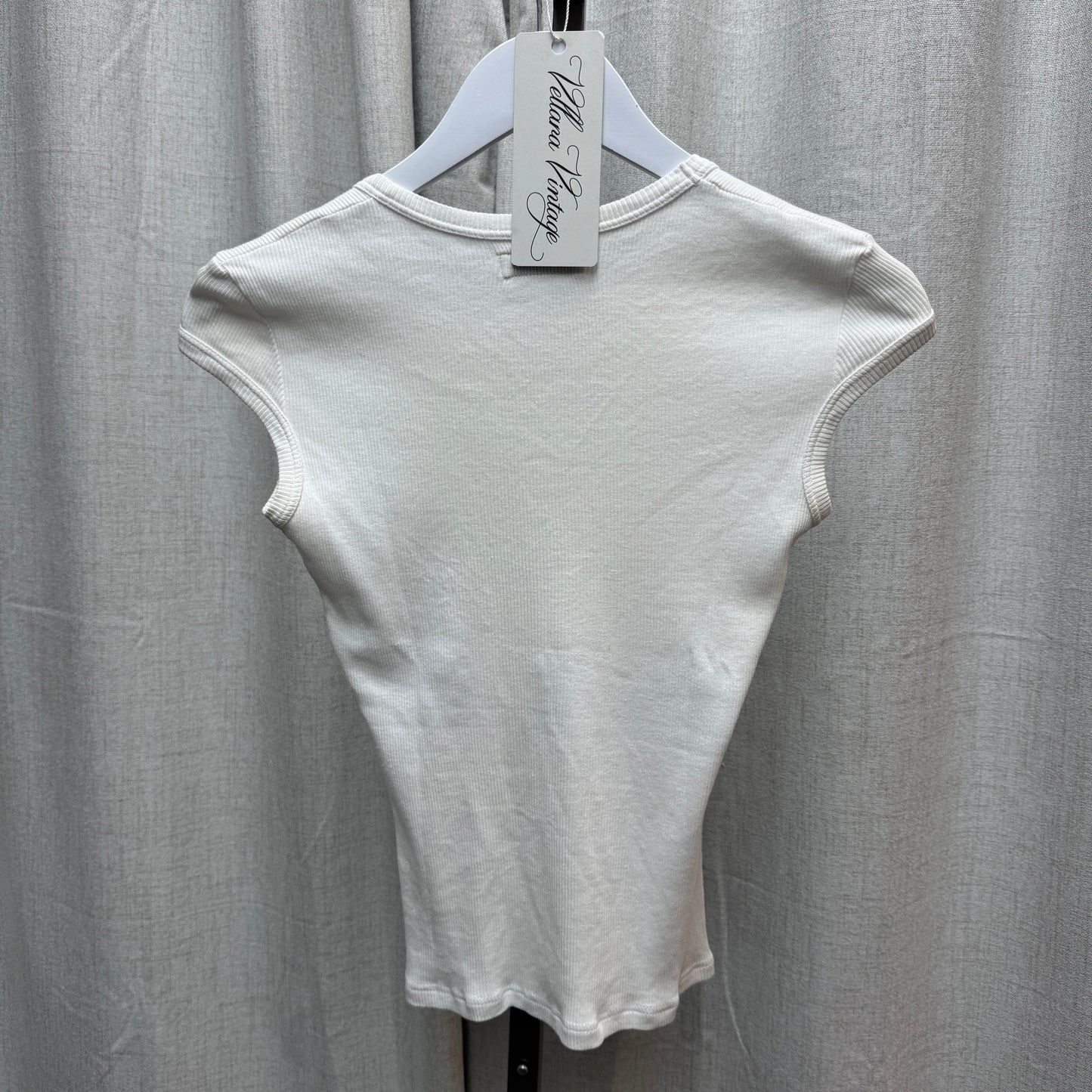 Emporio Armani White Lace Ribbed Knit Short Sleeve Top