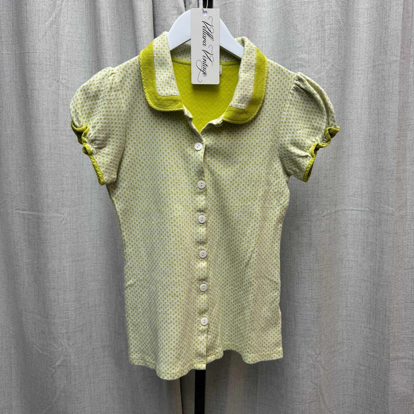Lime Green Capped Sleeve Patterned Button Up
