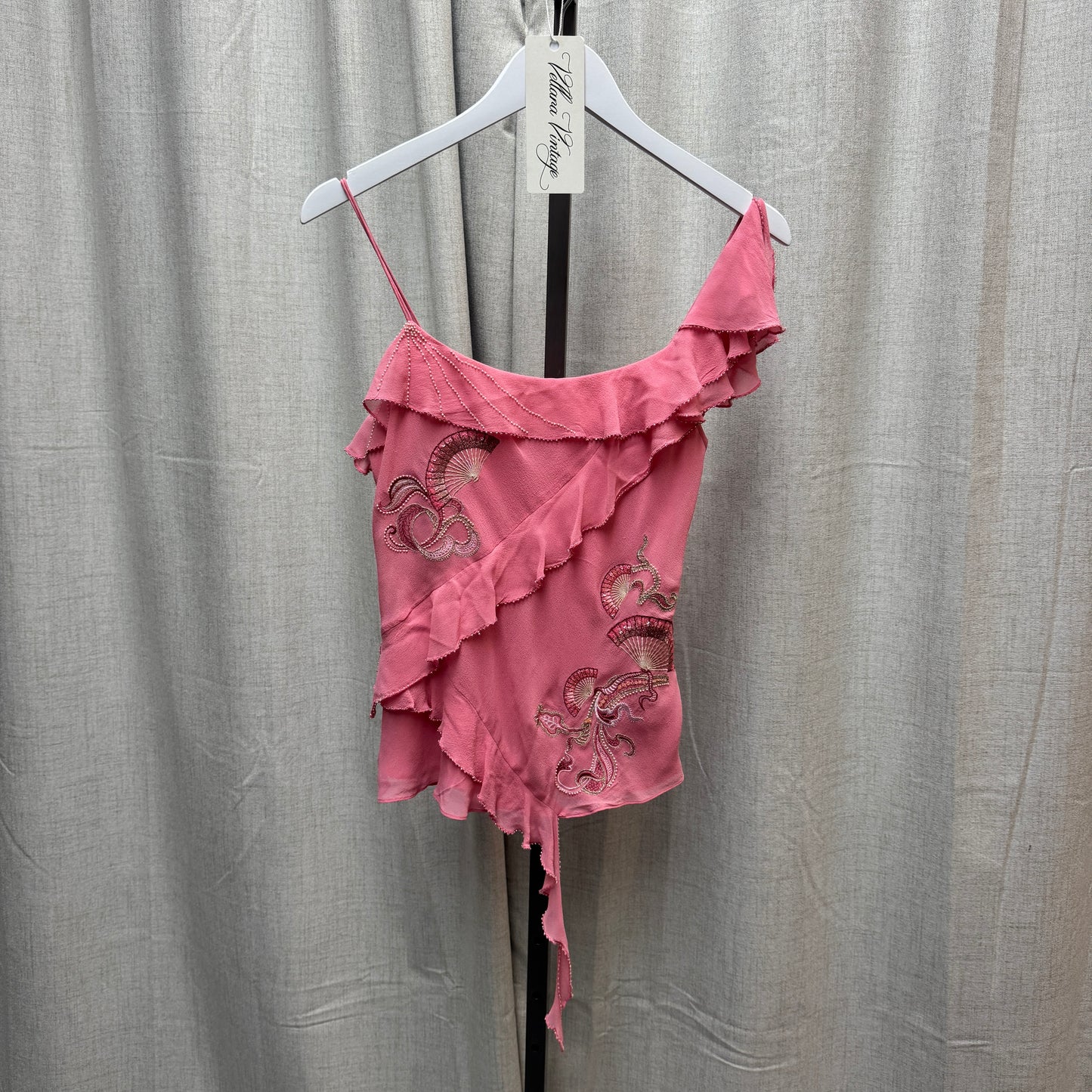 Karen Millen Pink Silk Fan Embroidered Ruffle Tank Top