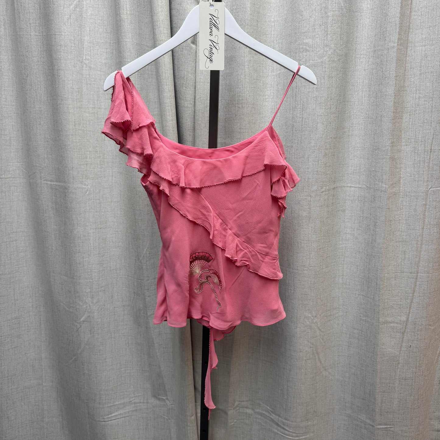 Karen Millen Pink Silk Fan Embroidered Ruffle Tank Top