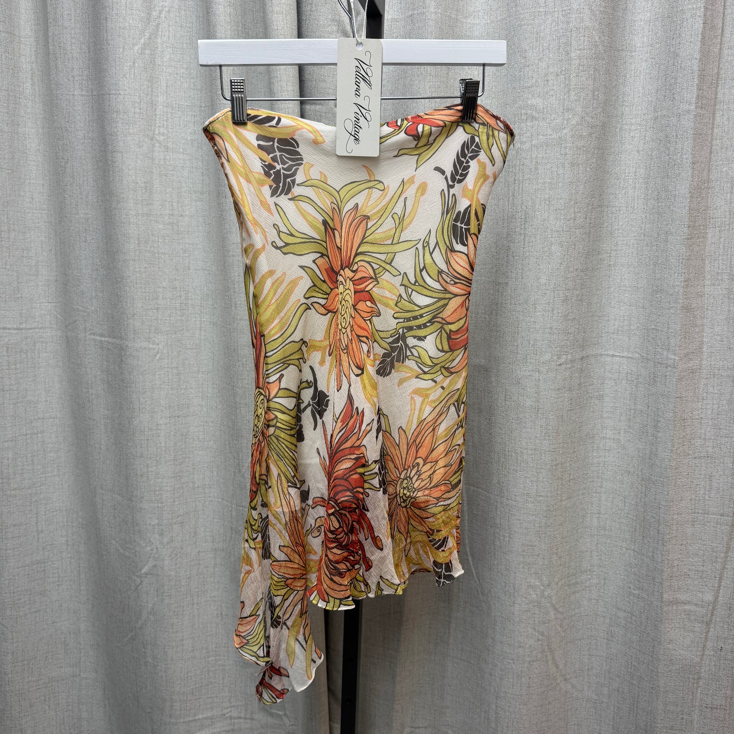 Orange Floral Asymmetrical Silk Midi Skirt