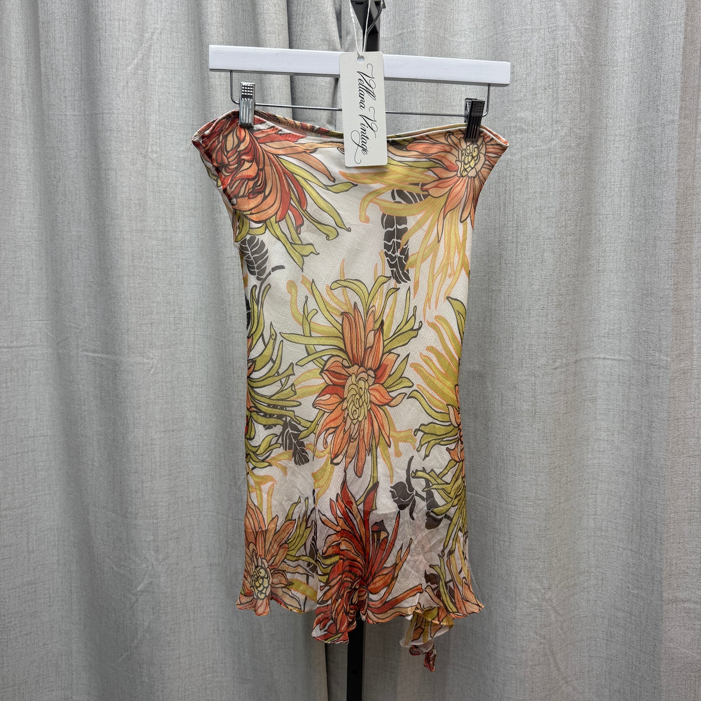 Orange Floral Asymmetrical Silk Midi Skirt