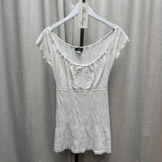 White Filet Crochet Short Sleeve Mini Dress
