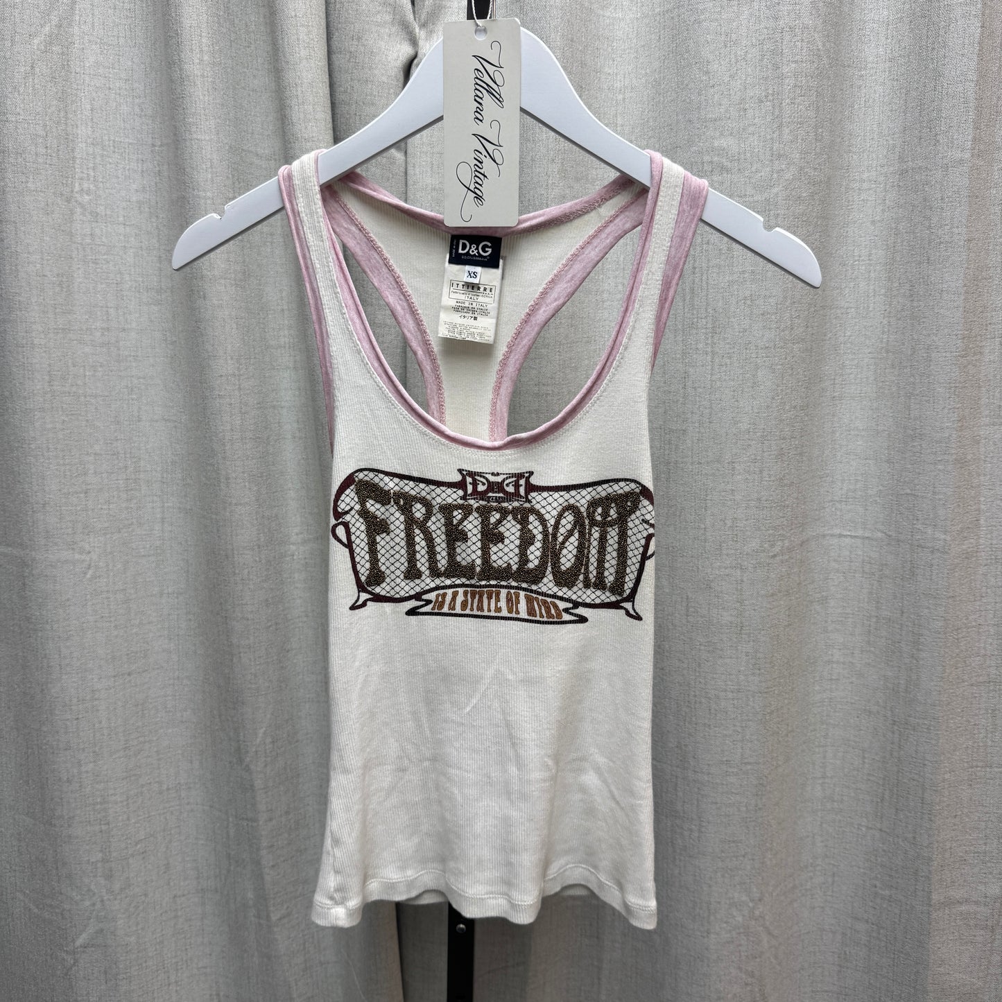 D&G "Freedom is a state of mind" Beaded Pink and White Tank Top