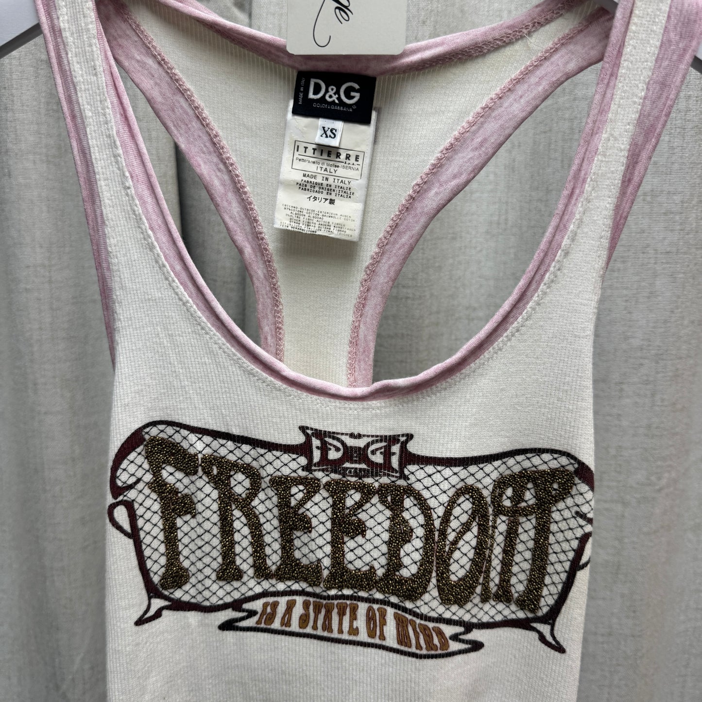 D&G "Freedom is a state of mind" Beaded Pink and White Tank Top