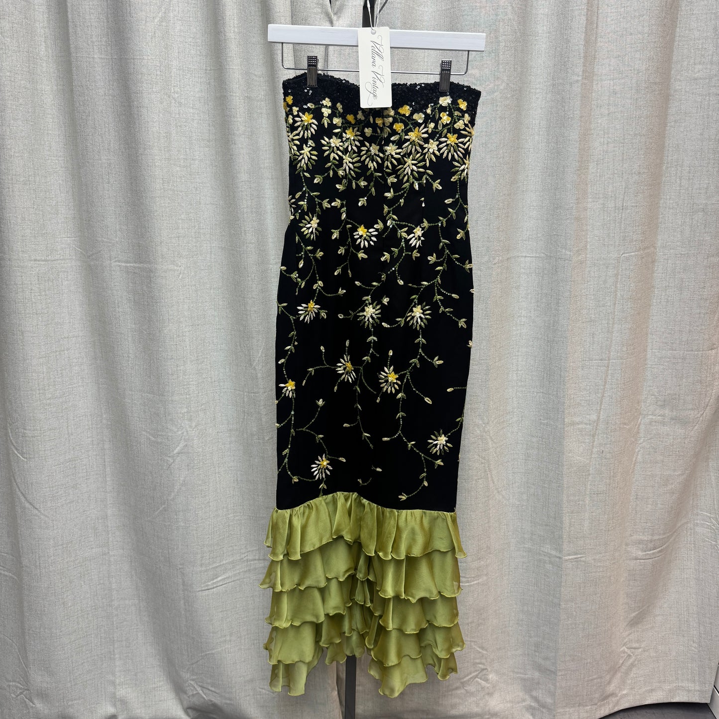 Black and Green Sleeveless Beaded Tiered Ruffle Maxi Dress