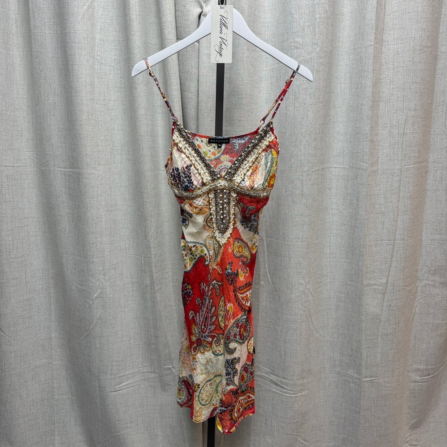 Orange Paisley Print Beaded V-Neck Midi Dress
