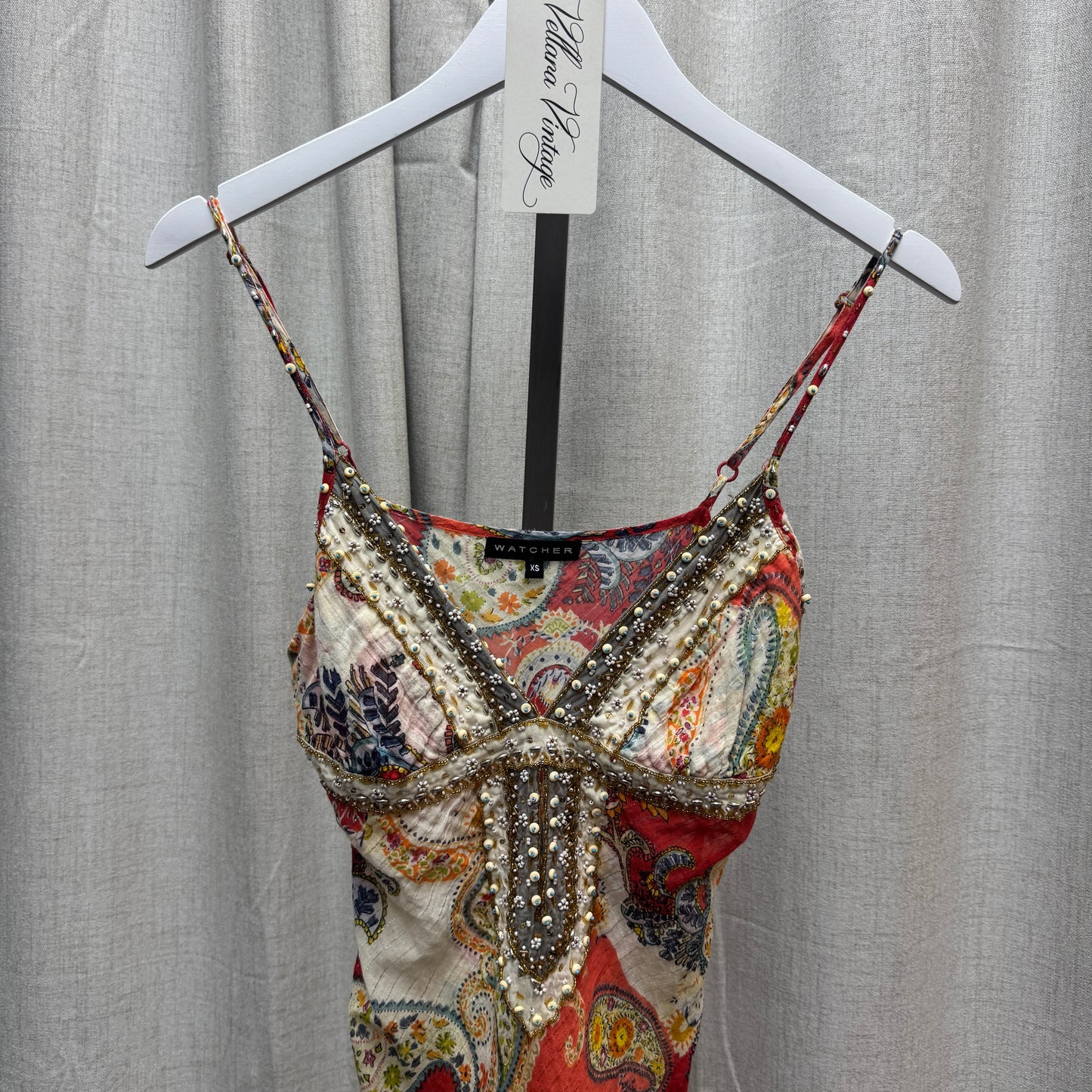Orange Paisley Print Beaded V-Neck Midi Dress