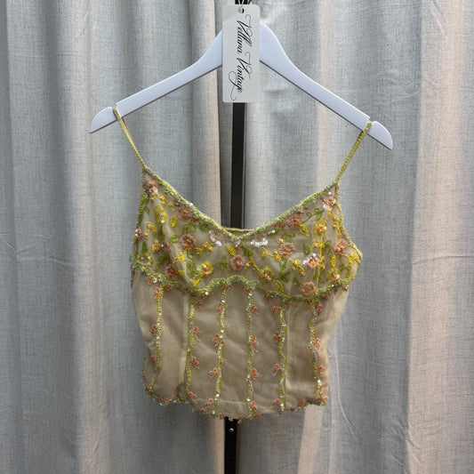 Yellow Floral Beaded Sheer Tank Top