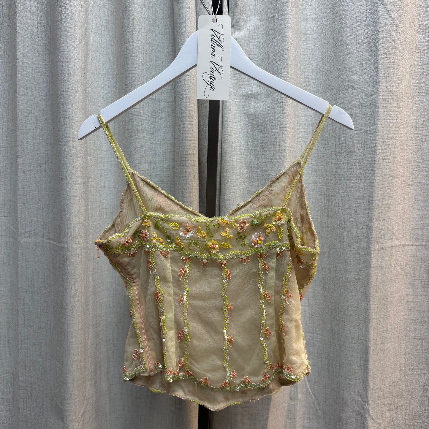 Yellow Floral Beaded Sheer Tank Top