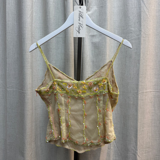 Yellow Floral Beaded Sheer Tank Top