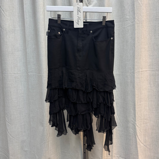 Moschino Jeans Black Silk Ruffle Layered Midi Skirt