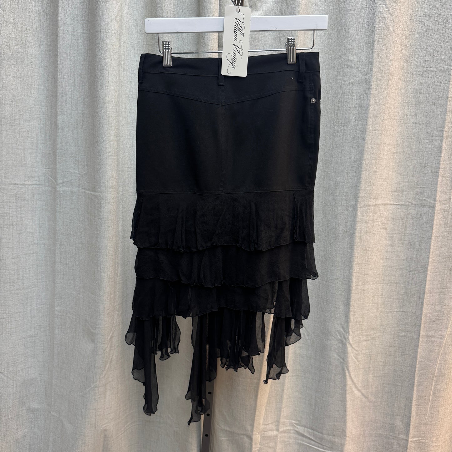 Moschino Jeans Black Silk Ruffle Layered Midi Skirt