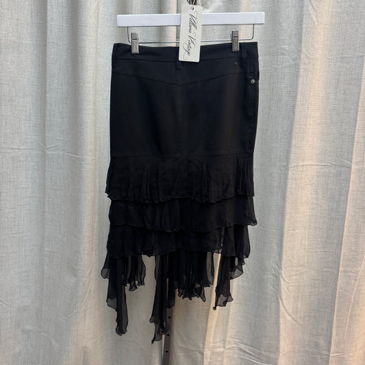 Moschino Jeans Black Silk Ruffle Layered Midi Skirt