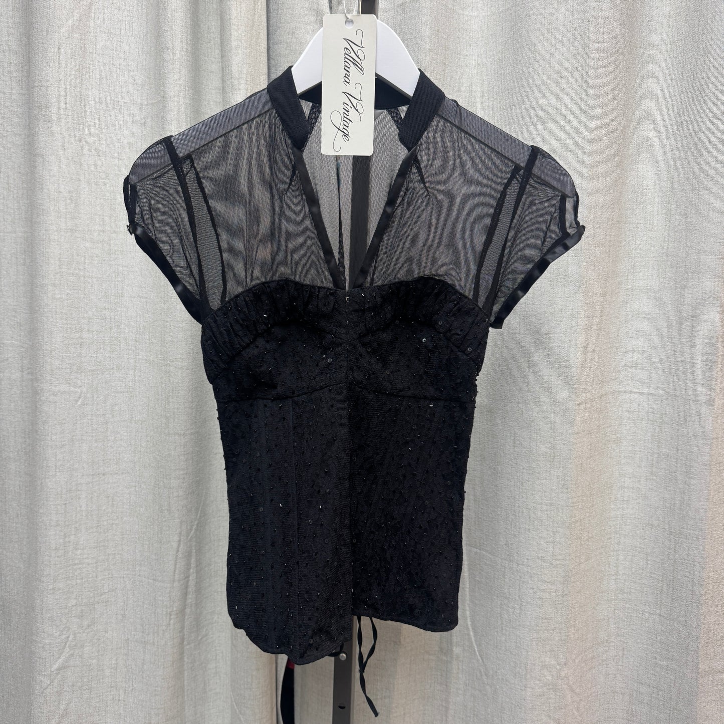 Black Lace Sheer Sequin Corset-Style Blouse