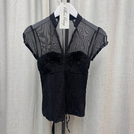 Black Lace Sheer Sequin Corset-Style Blouse