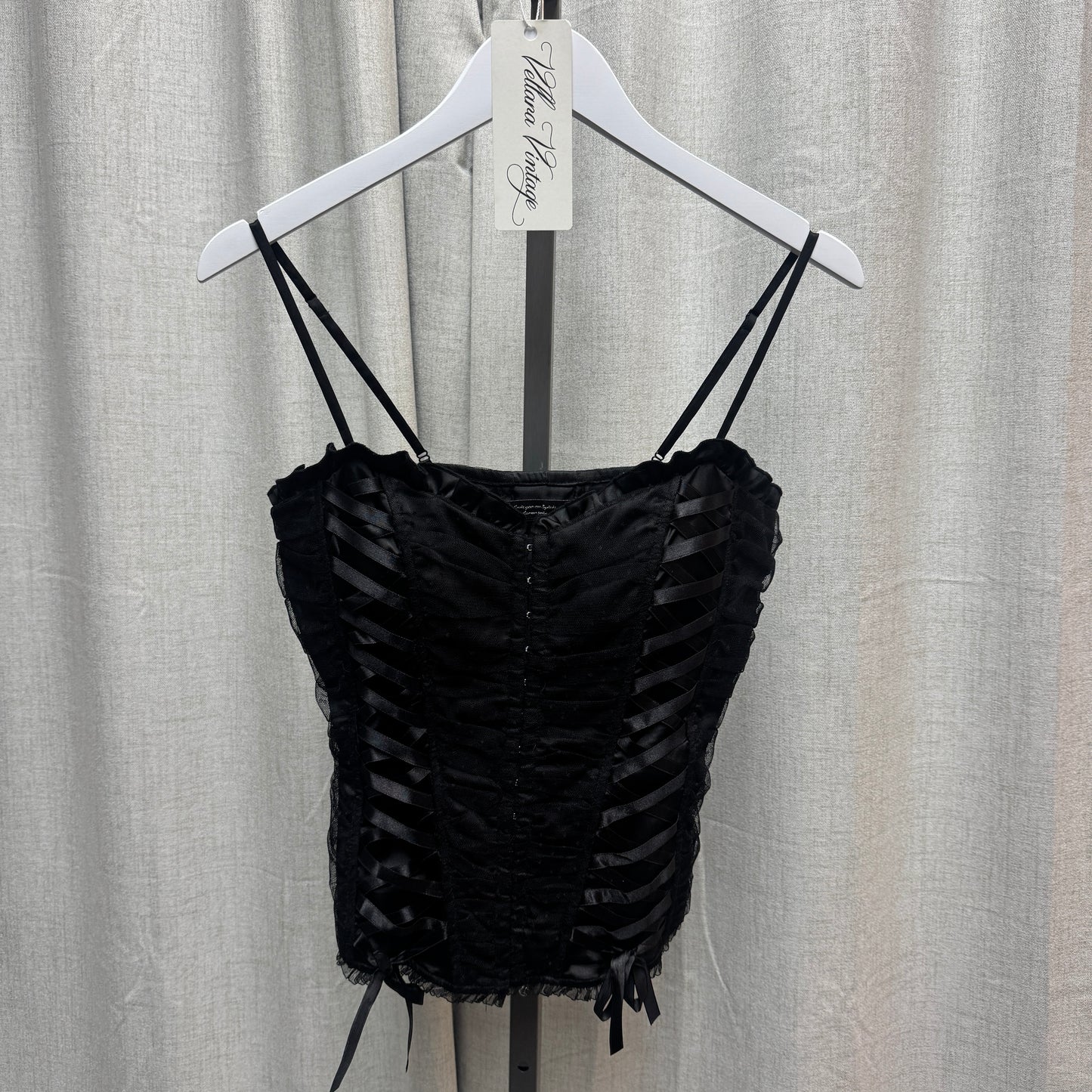 Black Lace Ruched Ribbon Lace-Up Corset-Style Top