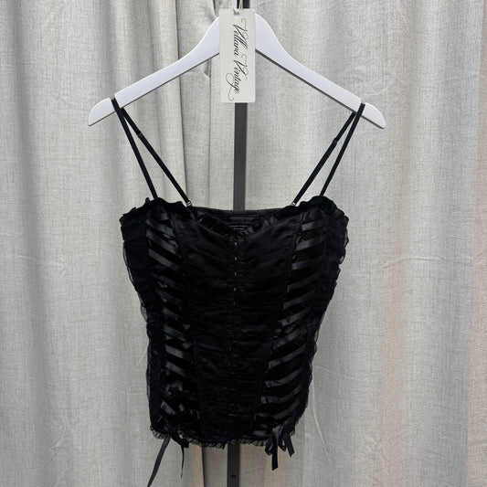 Black Lace Ruched Ribbon Lace-Up Corset-Style Top