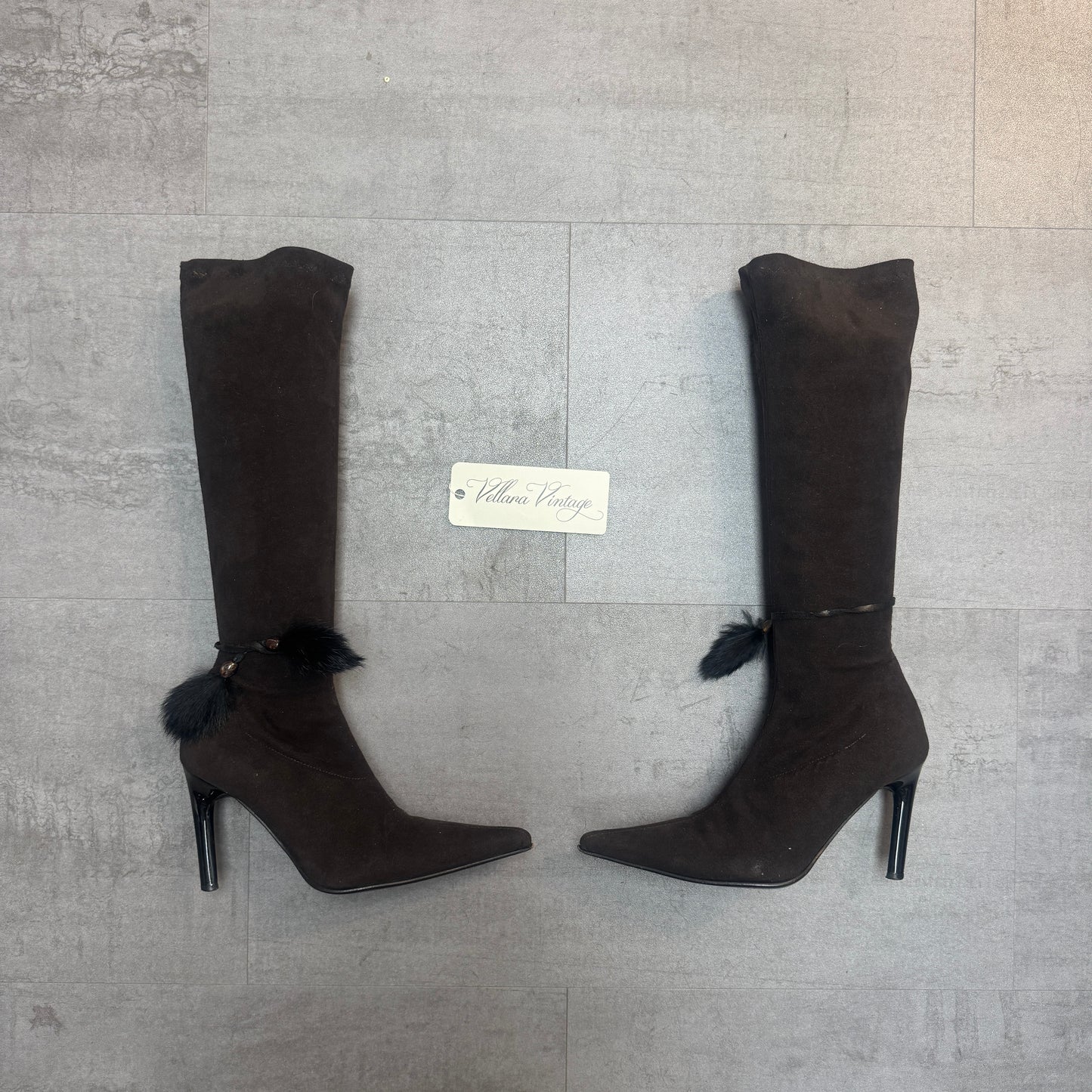 Fluxa Brown Suede Knee-High Stiletto Boots with Fur Tassel