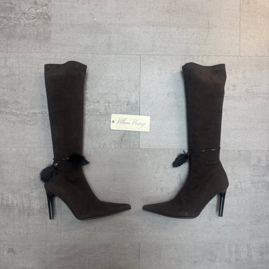Fluxa Brown Suede Knee-High Stiletto Boots with Fur Tassel