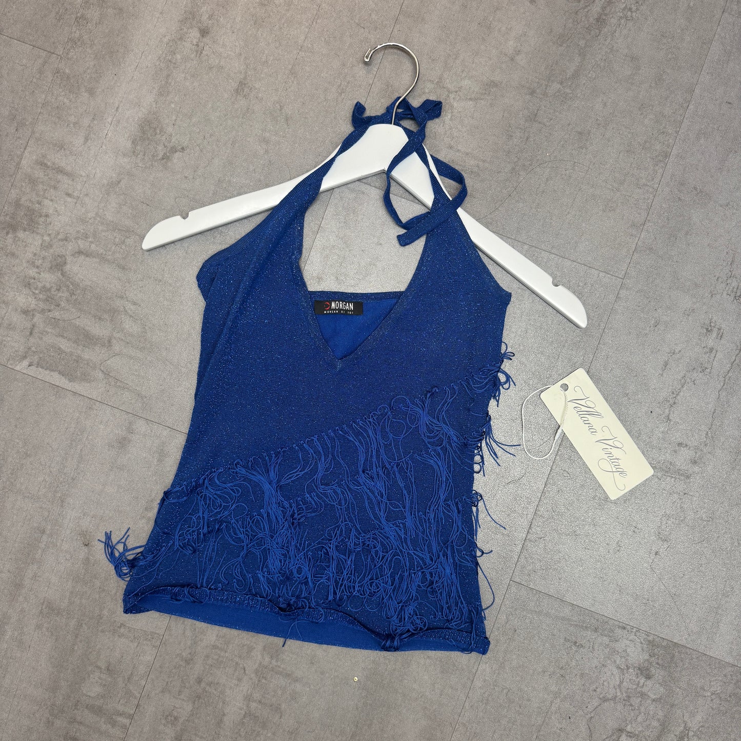 Morgan de Toi Blue Sparkly Fringe Halter Tank Top