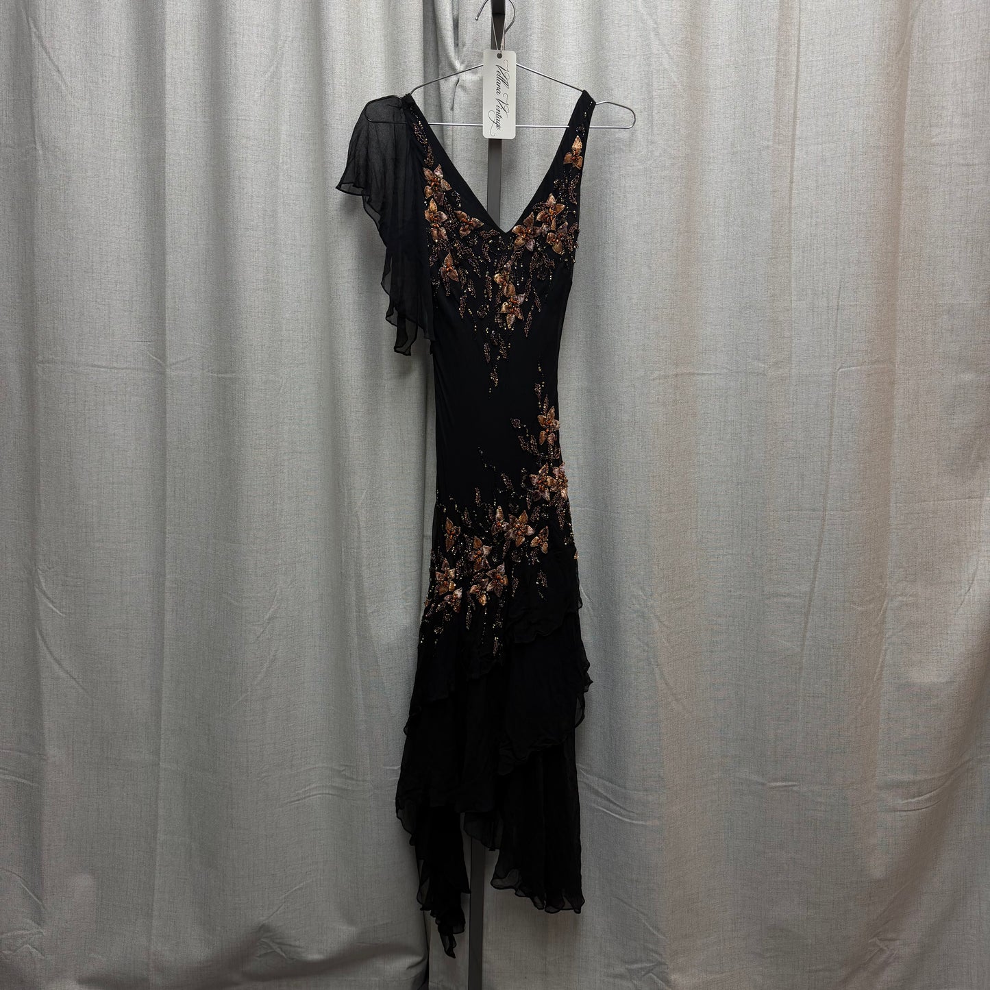 Black Silk Floral Beaded Ruffled Maxi Dress
