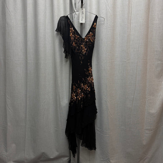 Black Silk Floral Beaded Ruffled Maxi Dress