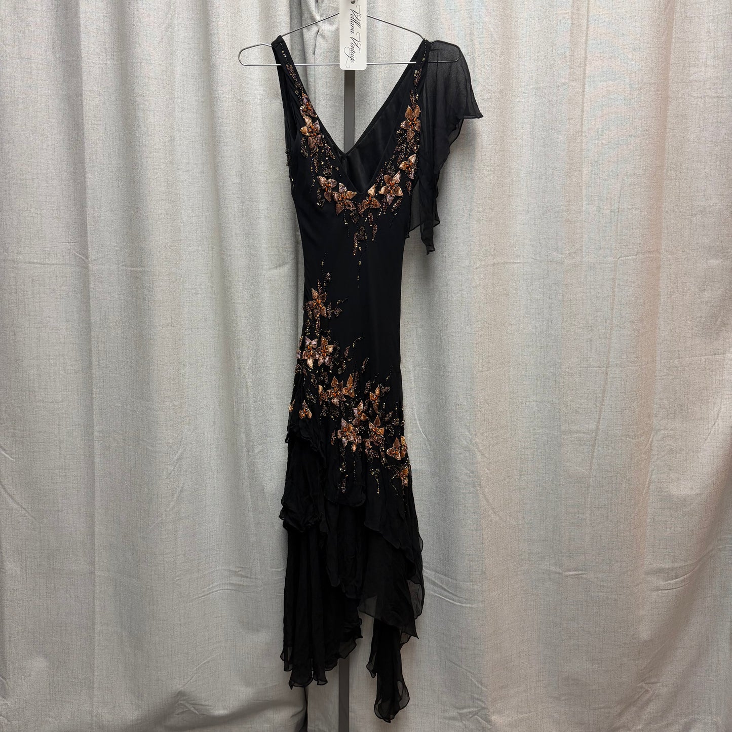 Black Silk Floral Beaded Ruffled Maxi Dress
