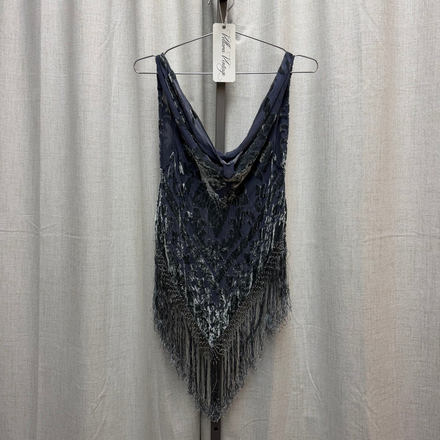 Blue Crushed Velvet Cowl Neck Fringe Top