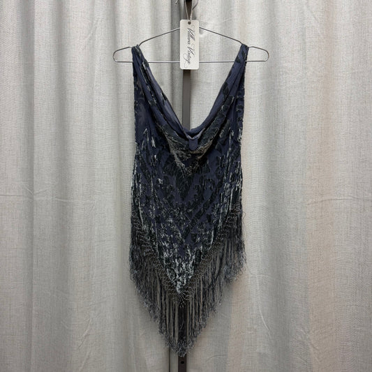 Blue Crushed Velvet Cowl Neck Fringe Top