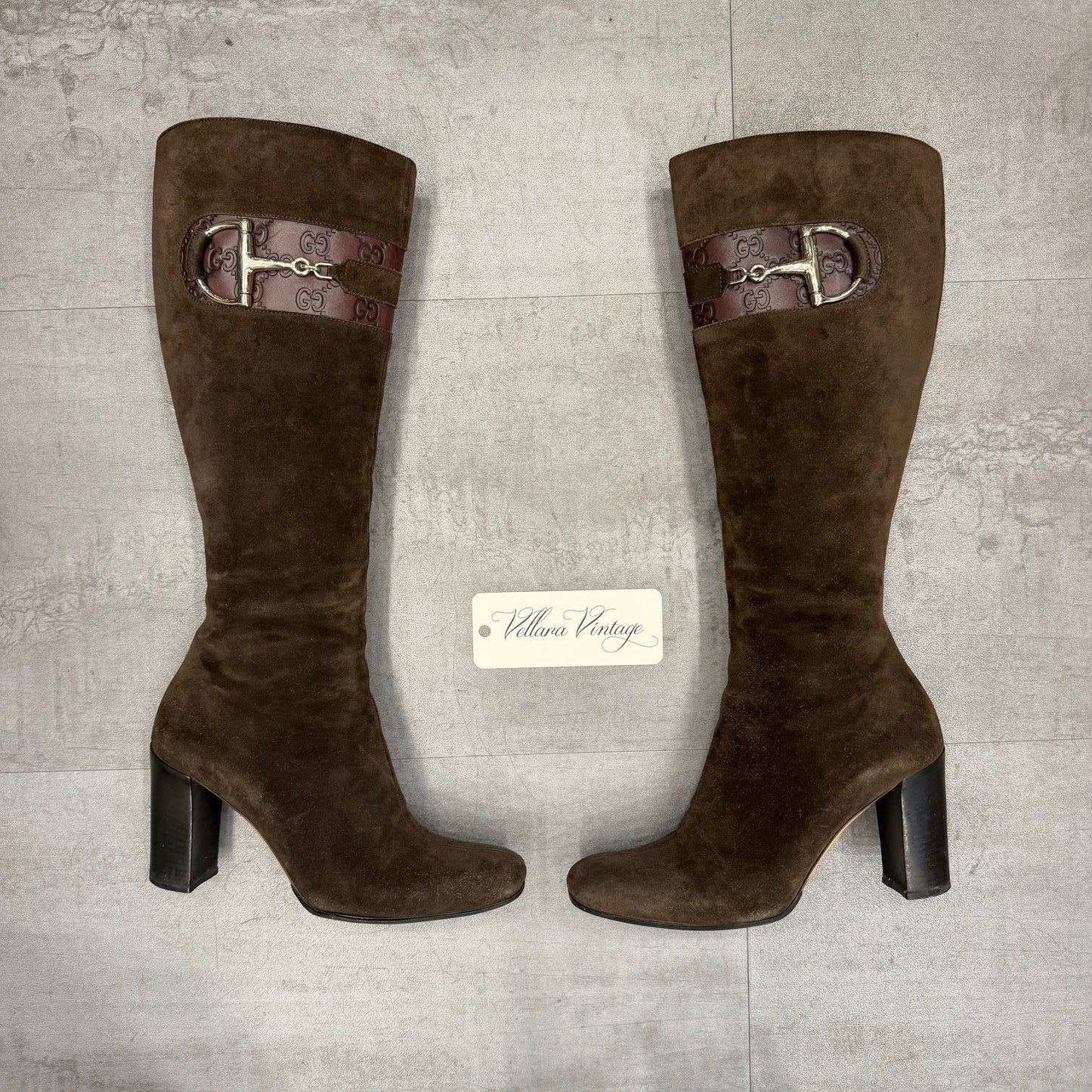 Gucci Brown Suede GG Monogram Horsebit Knee-high Boots