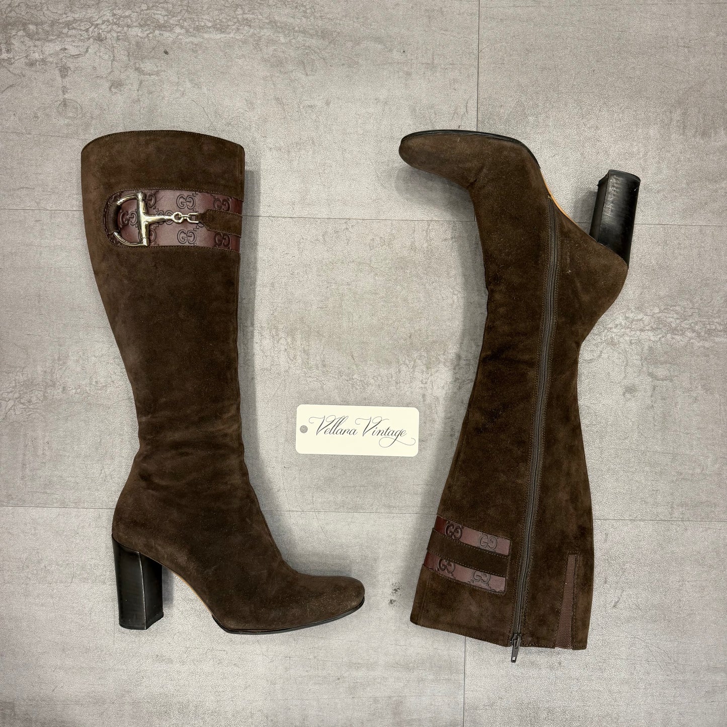 Gucci Brown Suede GG Monogram Horsebit Knee-high Boots