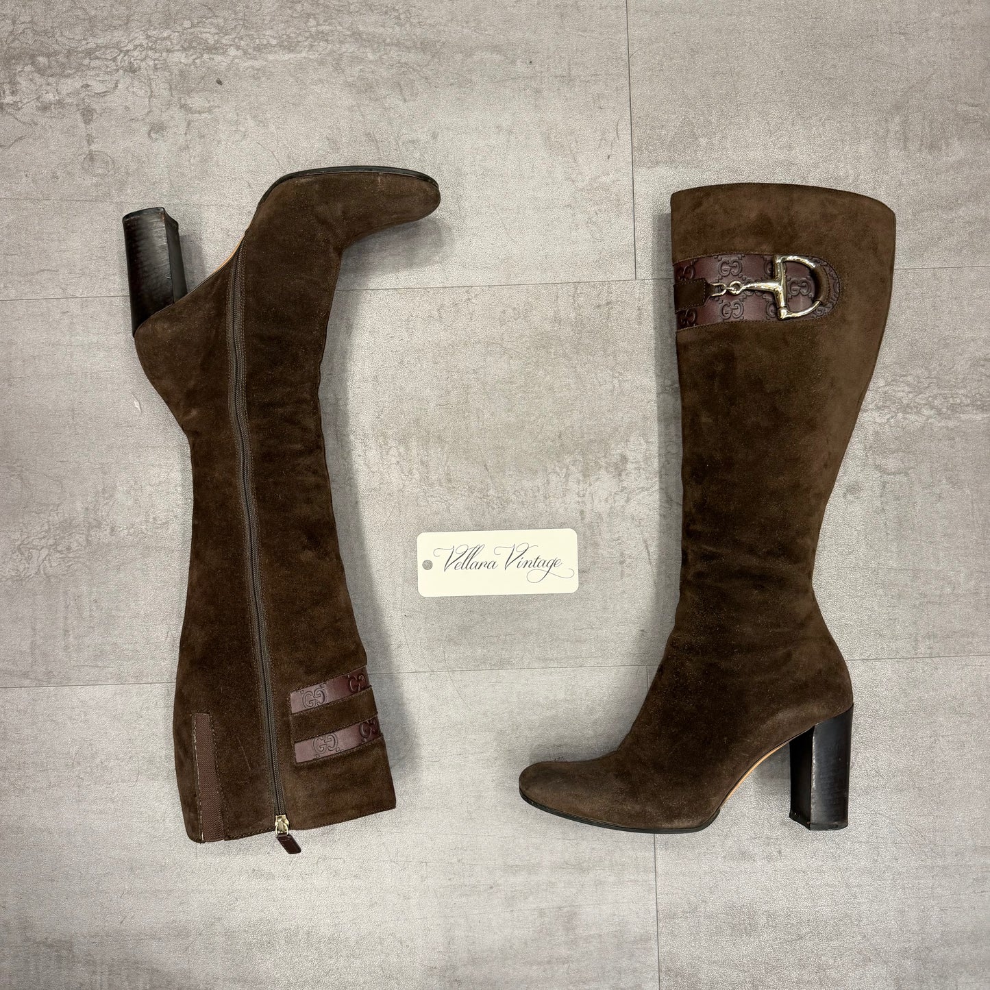 Gucci Brown Suede GG Monogram Horsebit Knee-high Boots