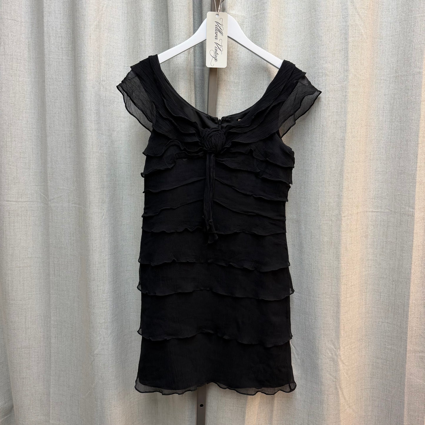 Black Silk Ruffled Midi Dress with Floral Applique