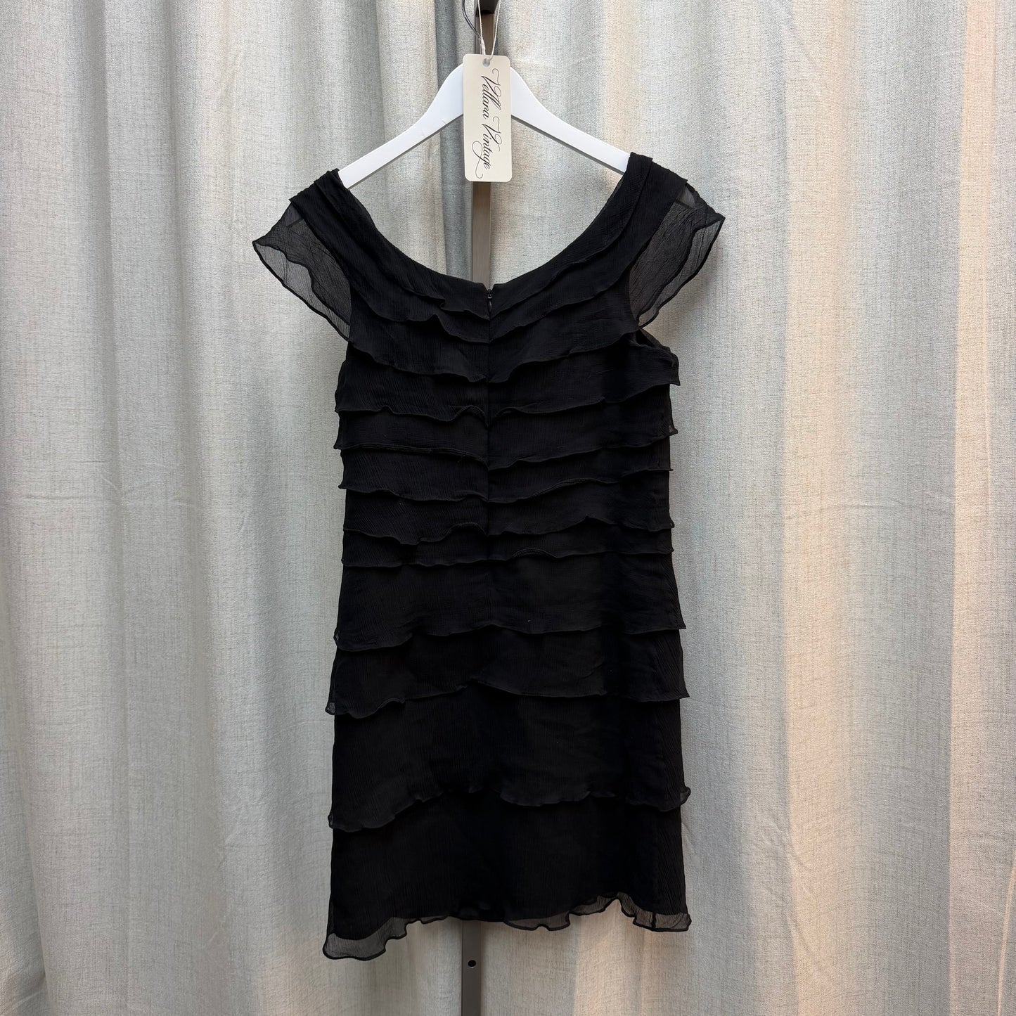 Black Silk Ruffled Midi Dress with Floral Applique