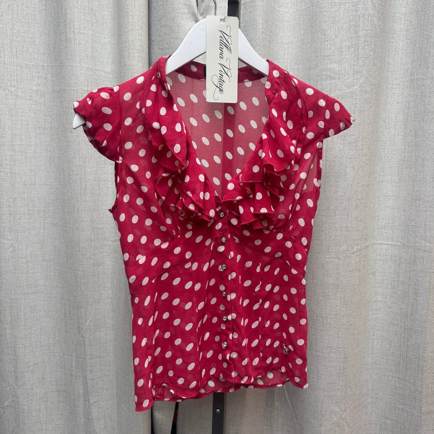 Pink Polka Dot Sheer Ruffle Short Sleeve Blouse