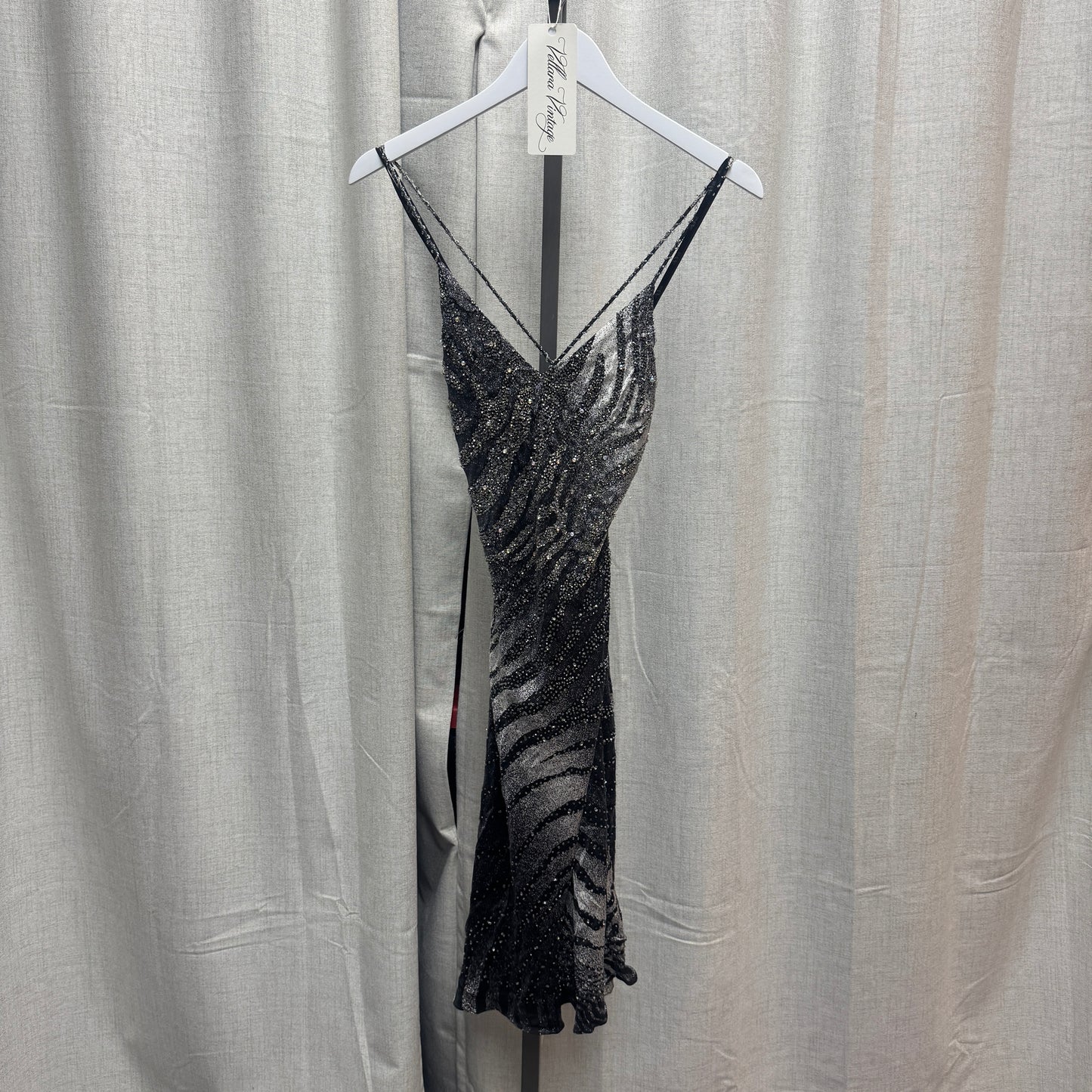 Silk Bedazzled Zebra Print Cross-Back Mini Dress