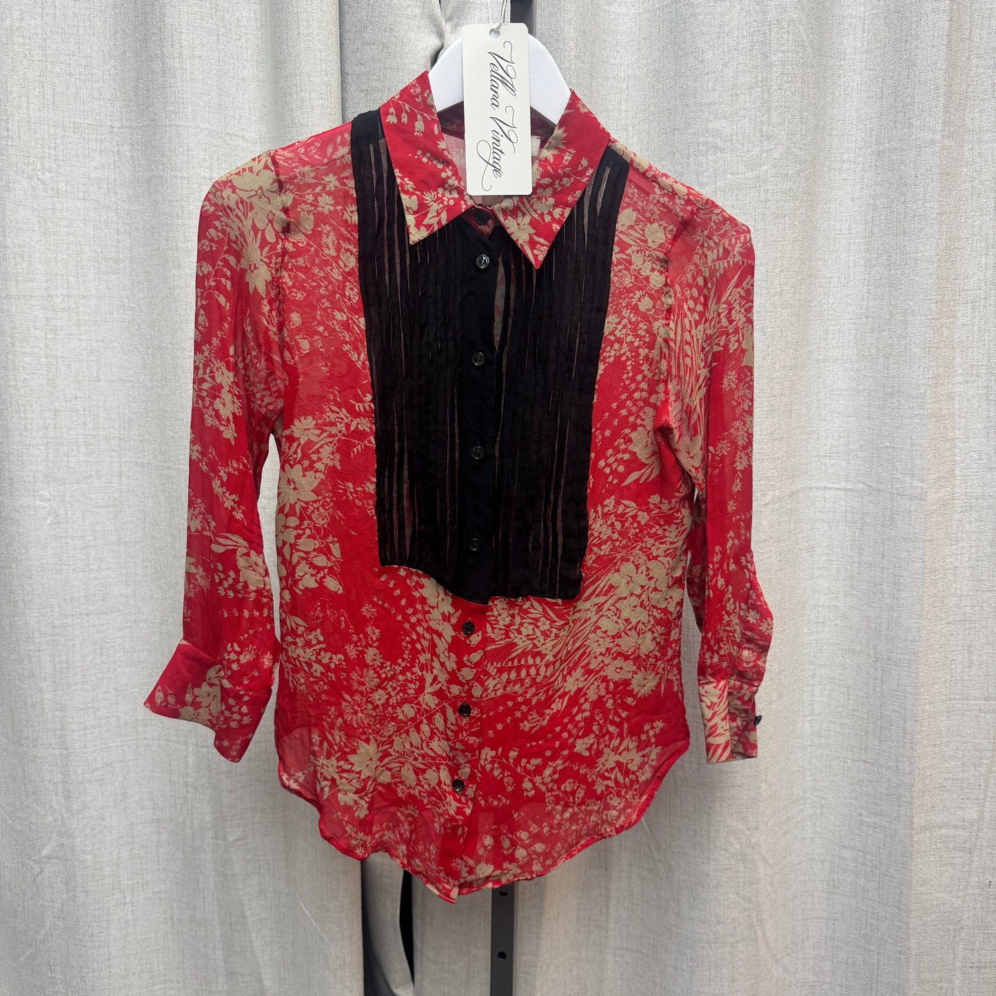 Chloé Red Floral Silk Button Up w/ Black Bib Front