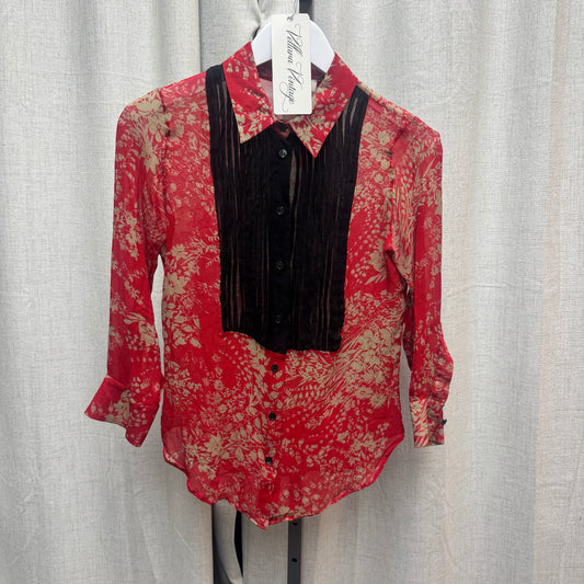 Chloé Red Floral Silk Button Up w/ Black Bib Front