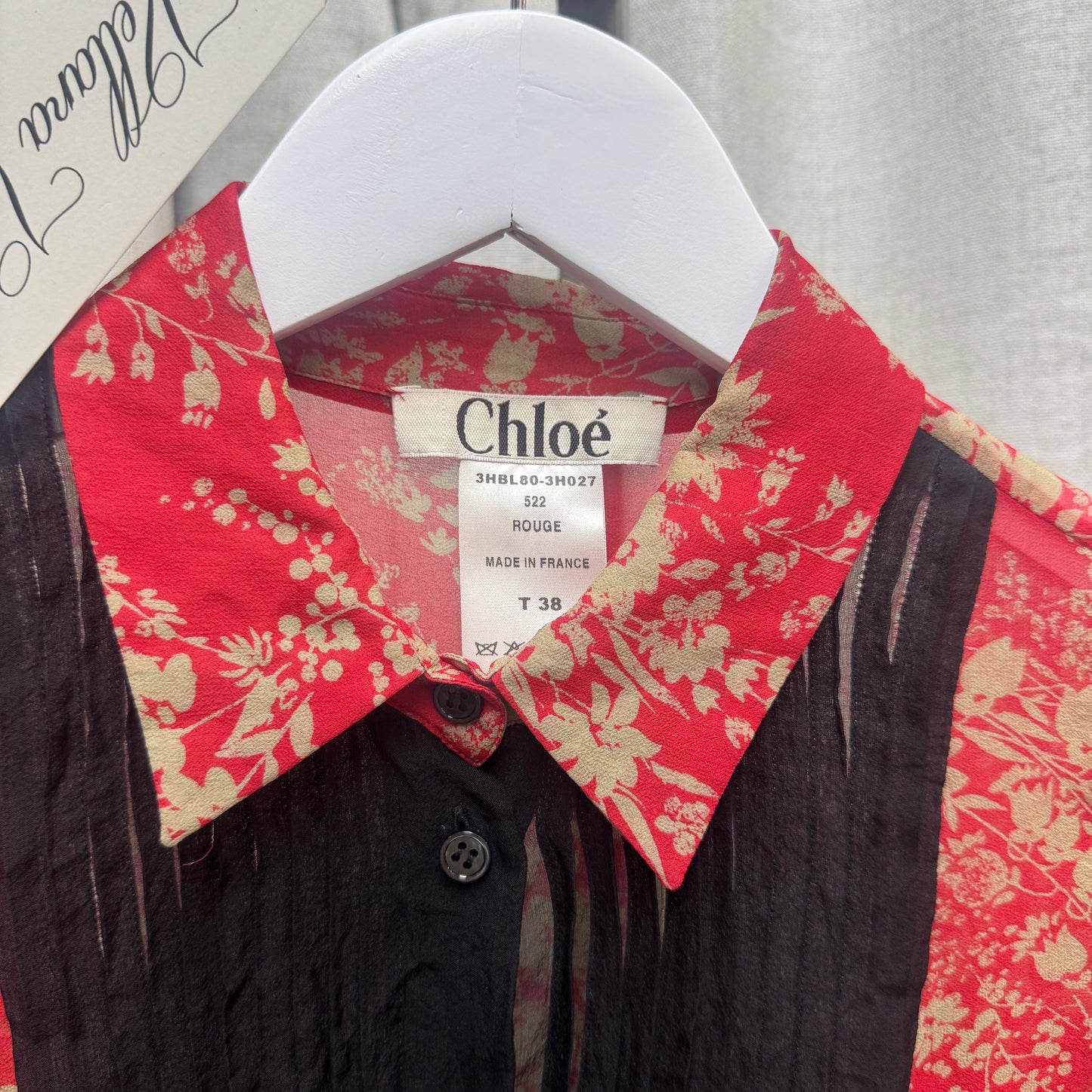 Chloé Red Floral Silk Button Up w/ Black Bib Front