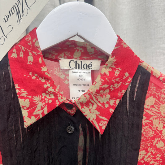 Chloé Red Floral Silk Button Up w/ Black Bib Front