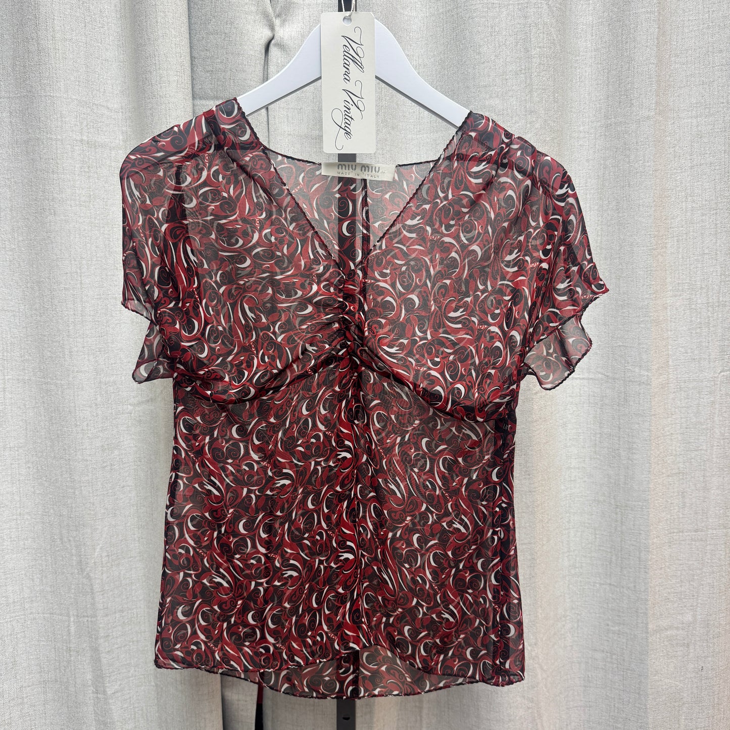 Miu Miu Red Abstract Printed Chiffon Ruche Short Sleeve Blouse
