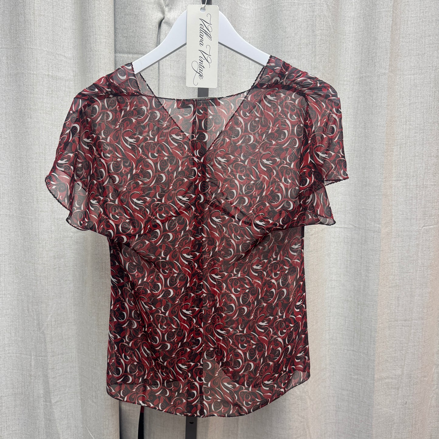 Miu Miu Red Abstract Printed Chiffon Ruche Short Sleeve Blouse