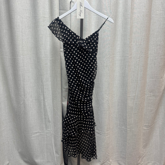 BCBGMAXAZRIA Silk Polka Dot Asymmetrical Ruched Midi Dress