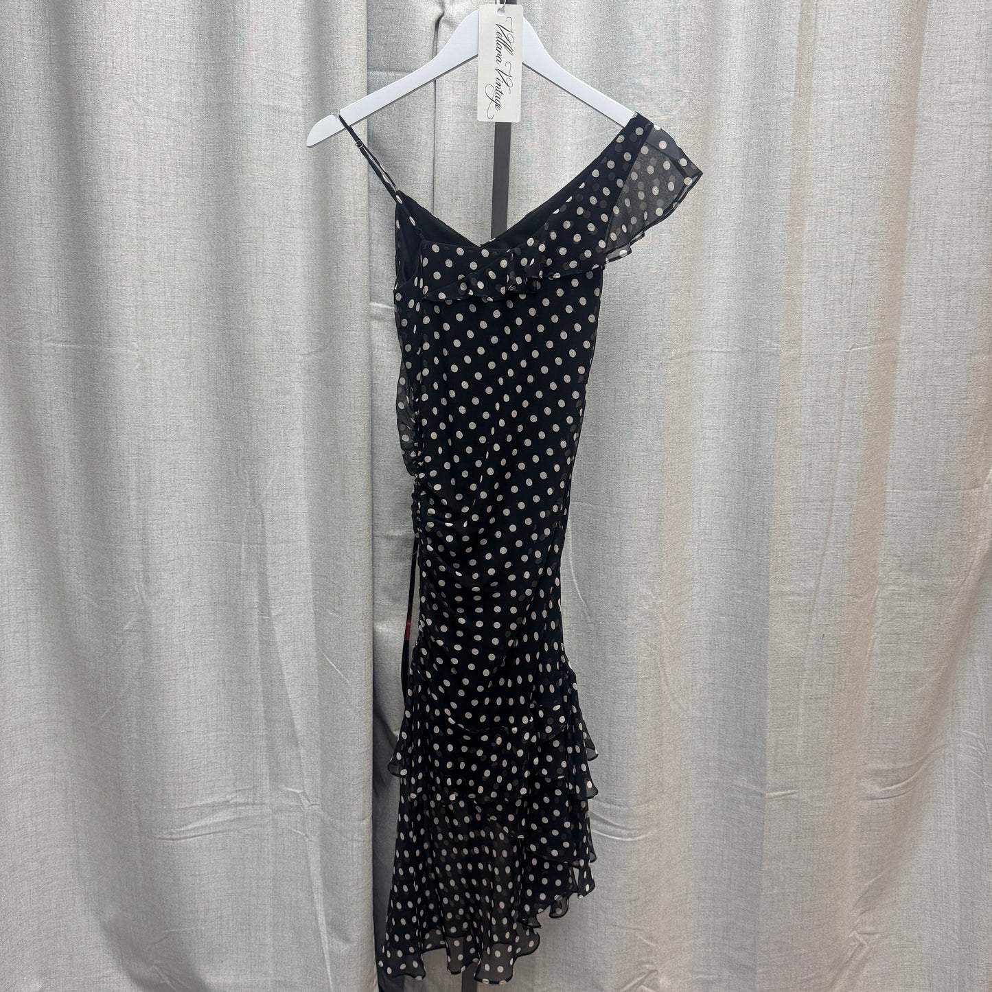 BCBGMAXAZRIA Silk Polka Dot Asymmetrical Ruched Midi Dress