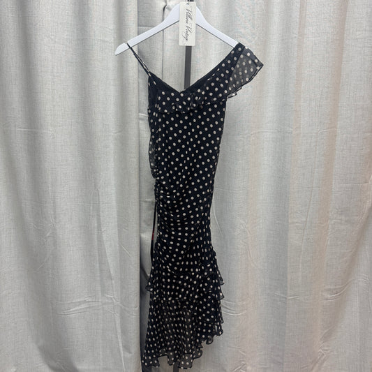 BCBGMAXAZRIA Silk Polka Dot Asymmetrical Ruched Midi Dress